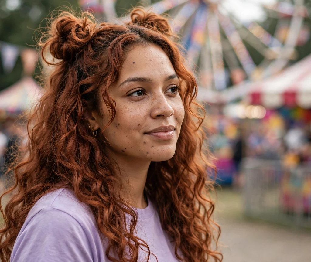 Long copper layered curls styled into two playful space buns with flowing curls