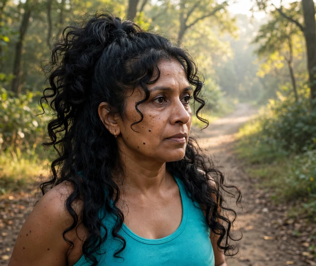Long black layered curls pulled into a high voluminous curly ponytail on a running trail