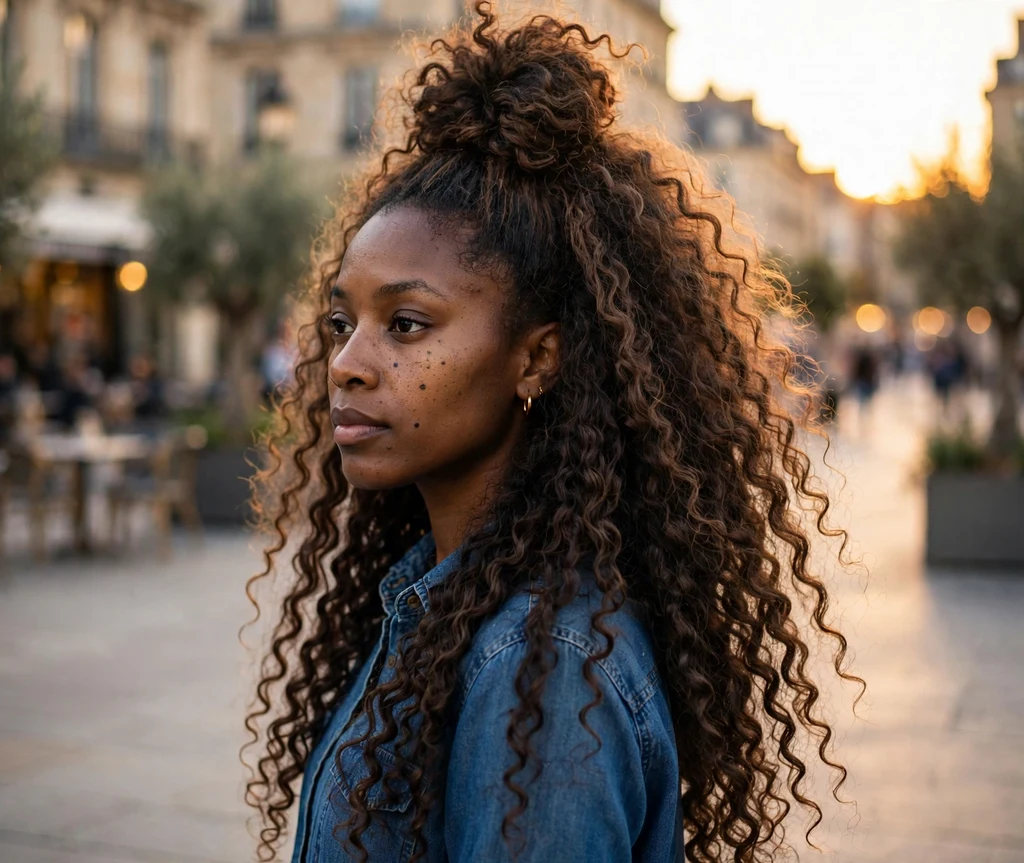 Long layered curls gathered into a high pineapple style cascading like a fountain