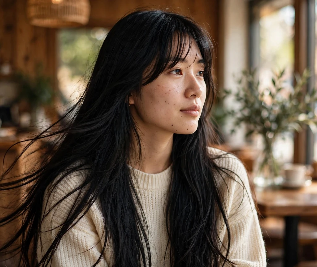 Long jet-black hair with curtain bangs, cream sweater, cozy café