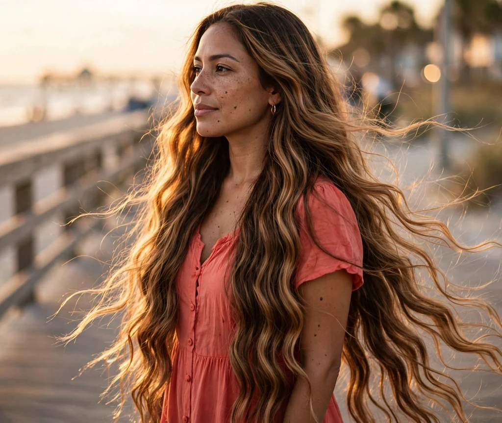 Mermaid waves on very long caramel-balayage hair, coral summer dress, beach boardwalk