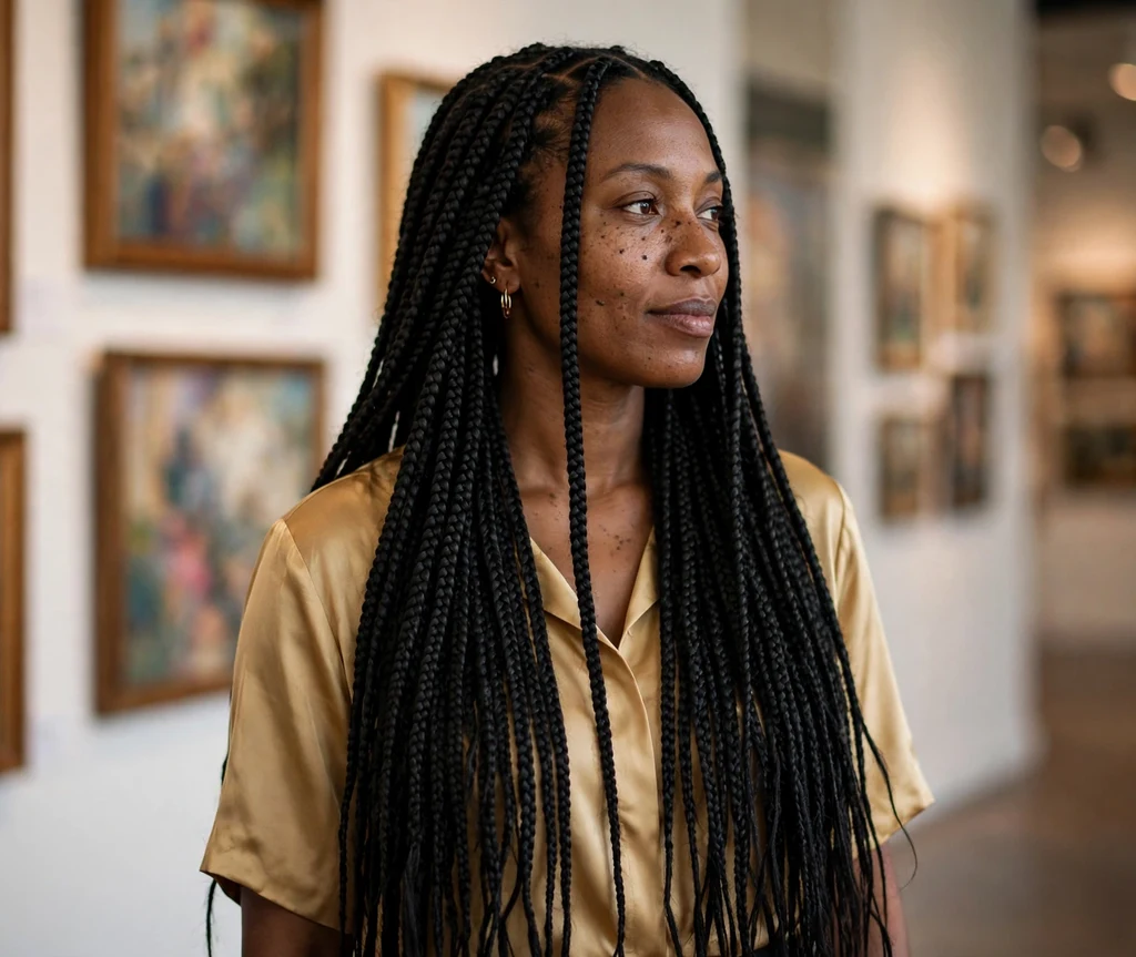 Very long black box braids with middle part, gold top, art gallery