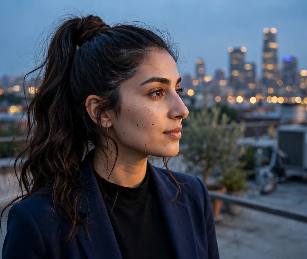 Sleek high ponytail with wrapped base on long dark brown wavy hair, navy blazer, city rooftop