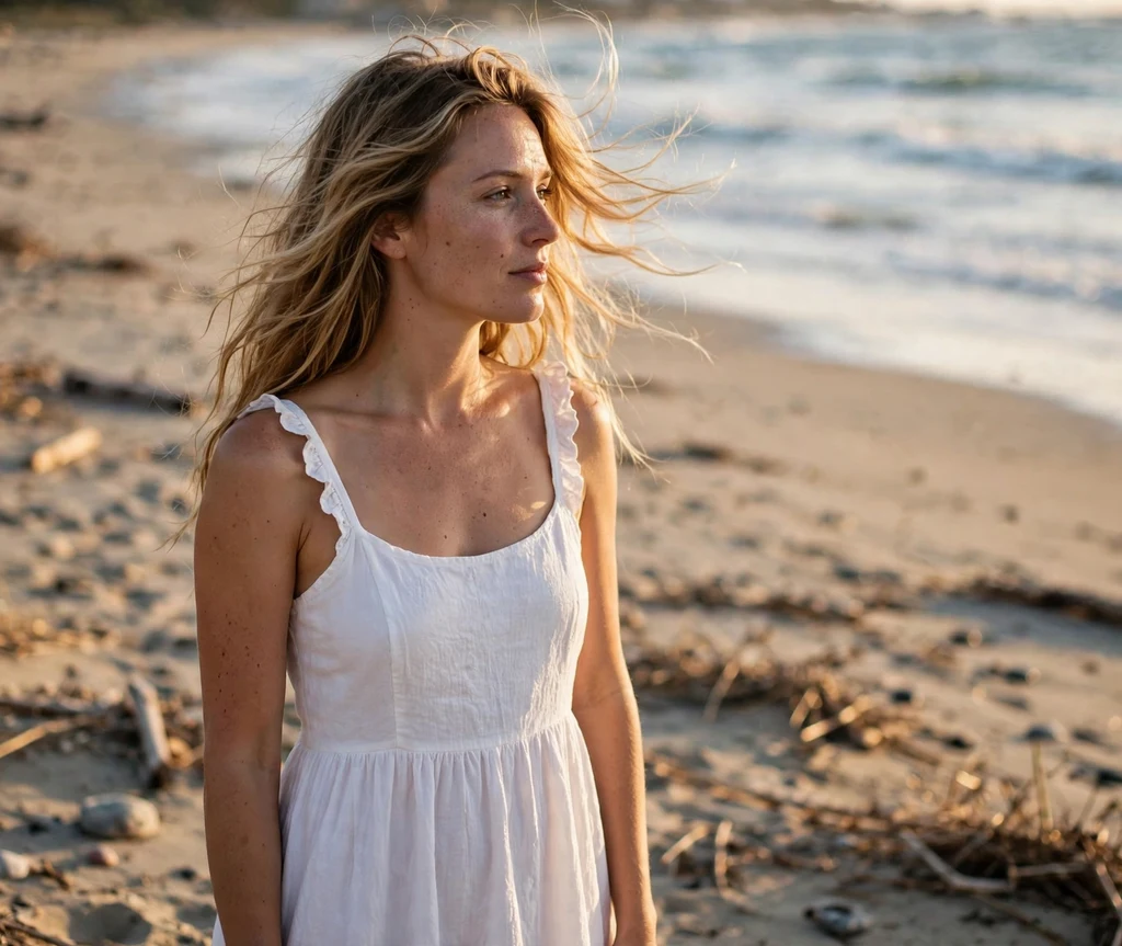 Tousled beach waves on long dirty-blonde hair, white sundress, sandy beach