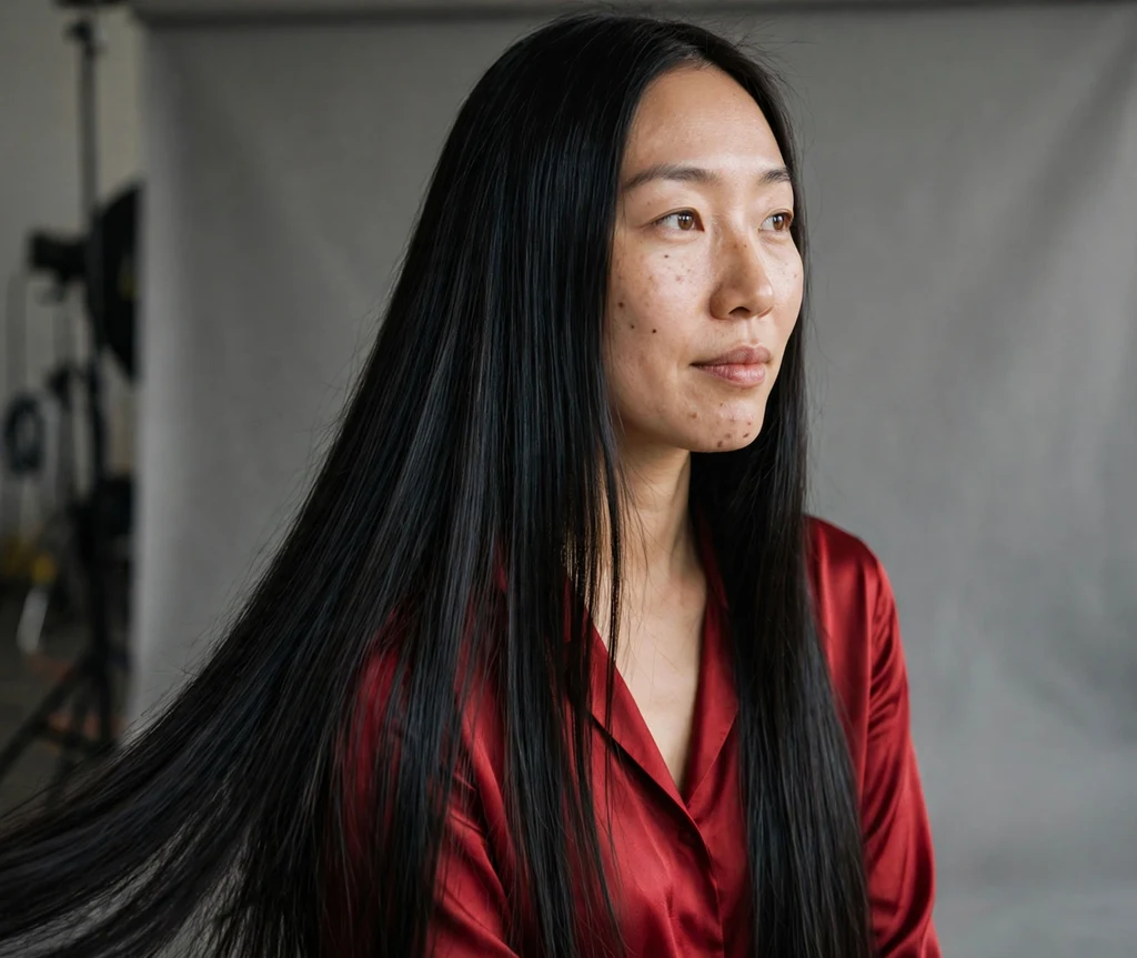 Glass-hair pin-straight raven-black long hair with mirror shine, red silk top, photography studio