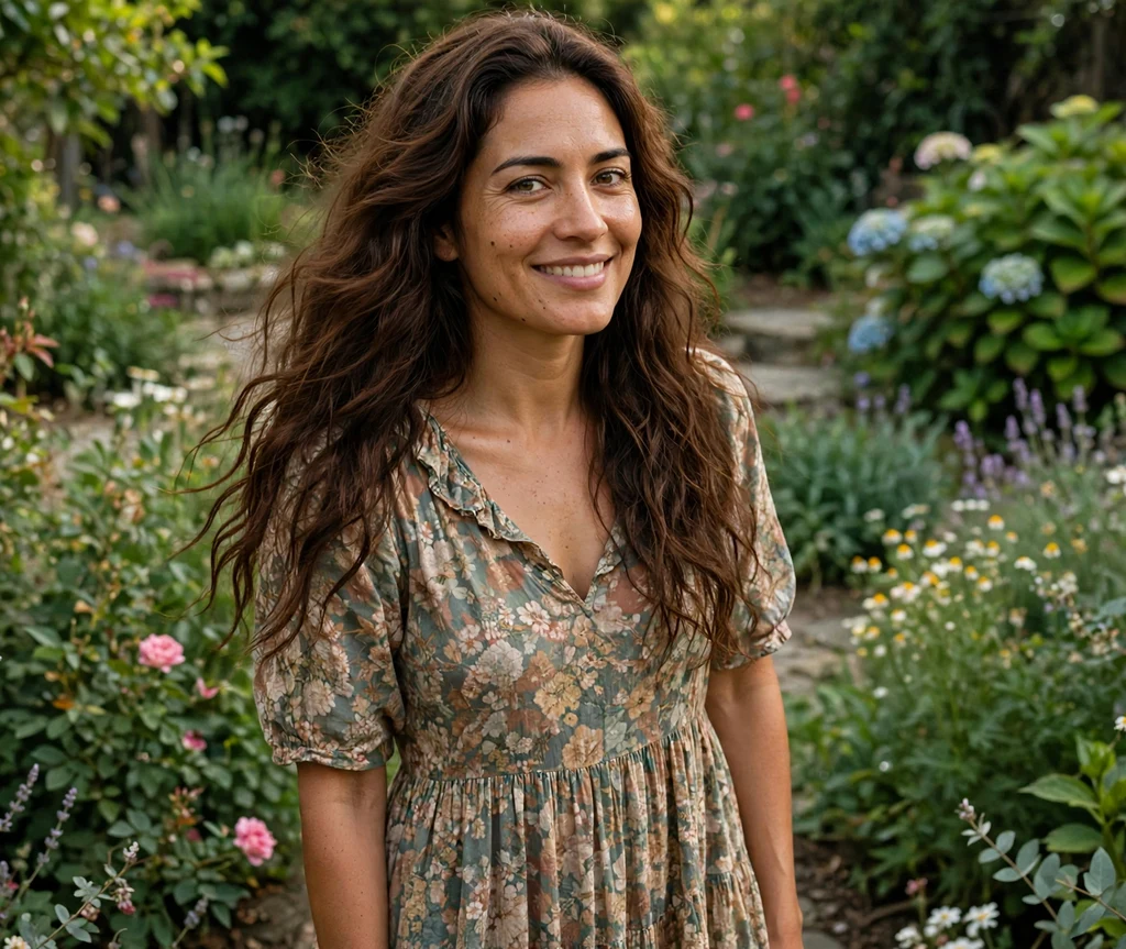 Long boho loose waves on chestnut hair, floral maxi dress, lush garden