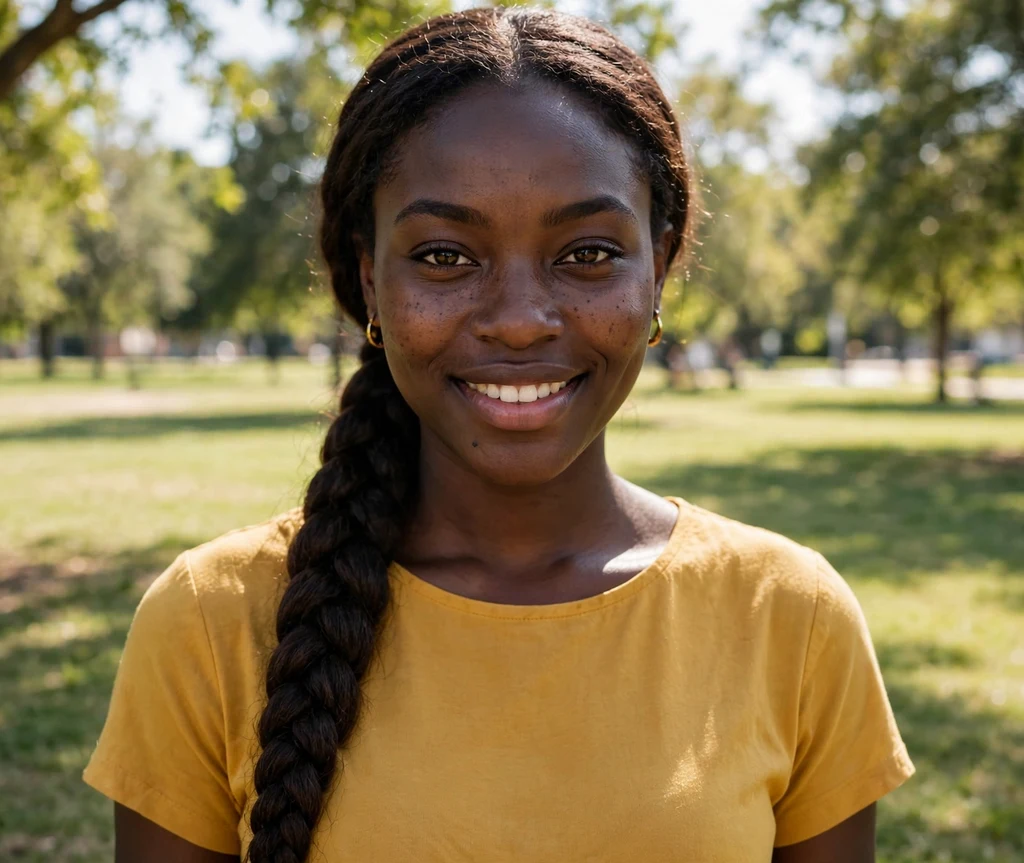 Long fishtail braid over one shoulder on dark brown hair, mustard yellow top, sunny park