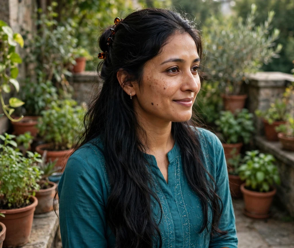 Half-up half-down style on very long black hair, teal kurta, garden terrace