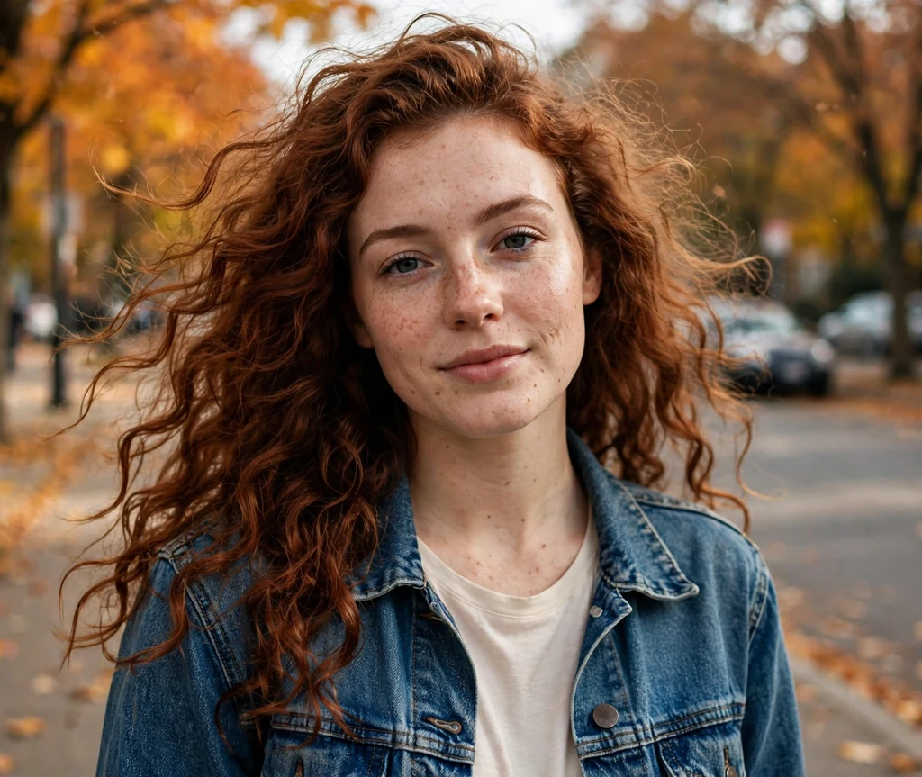 Long voluminous auburn curls, denim jacket, autumn street with fall leaves
