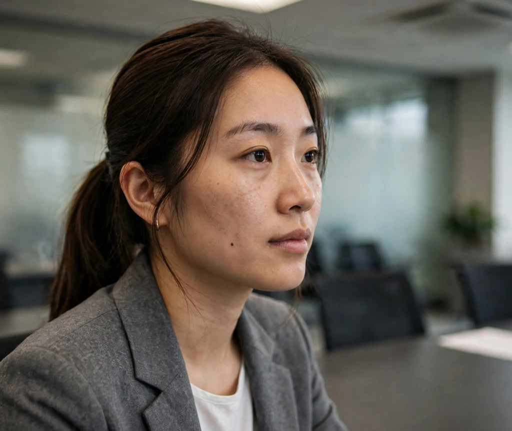 Sleek low ponytail at the nape on long dark brown hair, gray blazer, conference room
