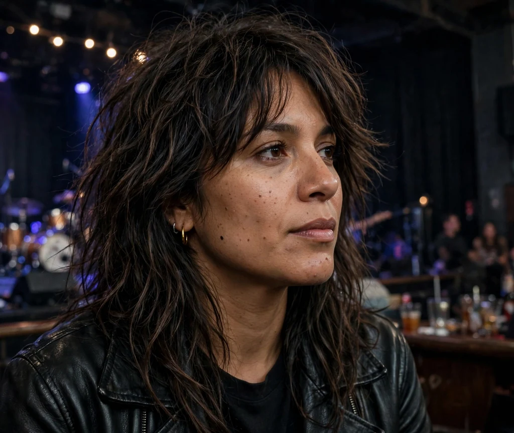Long shaggy layered haircut with texture on dark brown hair, black leather jacket, concert venue