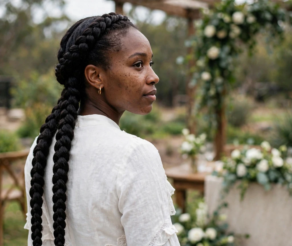 Dutch braid crown circling the head with very long ends flowing down, white dress, wedding venue