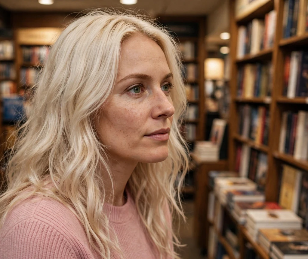 Long platinum blonde hair with soft waves, pink sweater, bookstore interior