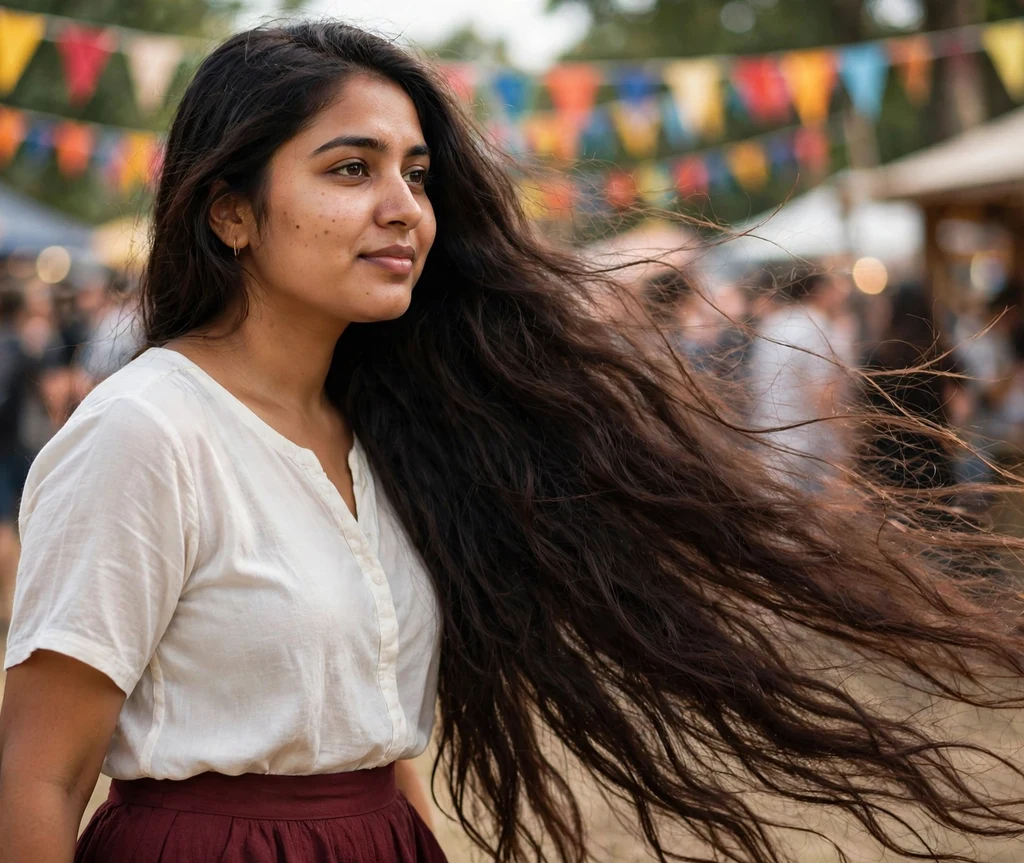 Very long dark brown hair swept dramatically to one side, maroon skirt, outdoor festival