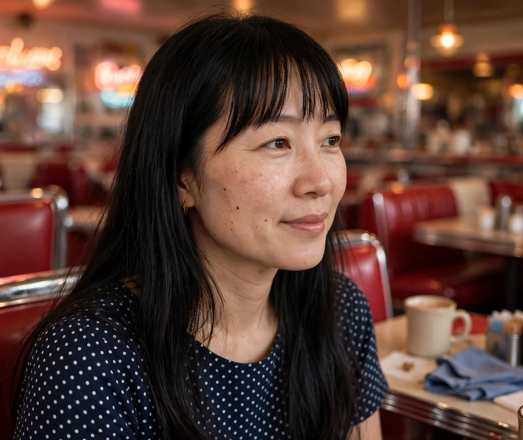 Long straight black hair with blunt bangs, polka-dot dress, retro diner