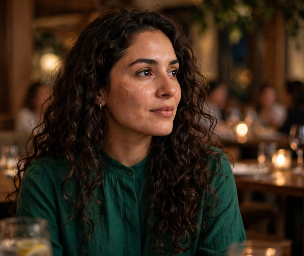 Long loose romantic curls on dark brown hair, emerald blouse, evening restaurant