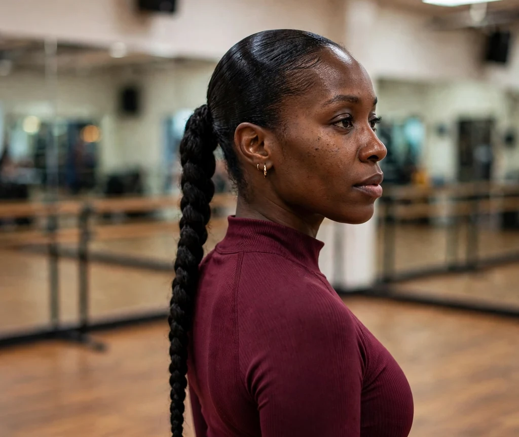 Long sleek braided ponytail with single thick braid, burgundy athletic top, dance studio