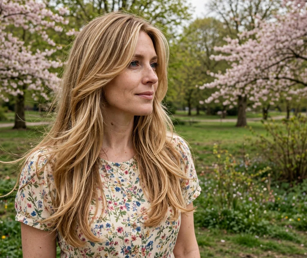 Long honey-blonde hair with face-framing layers, floral dress, spring park