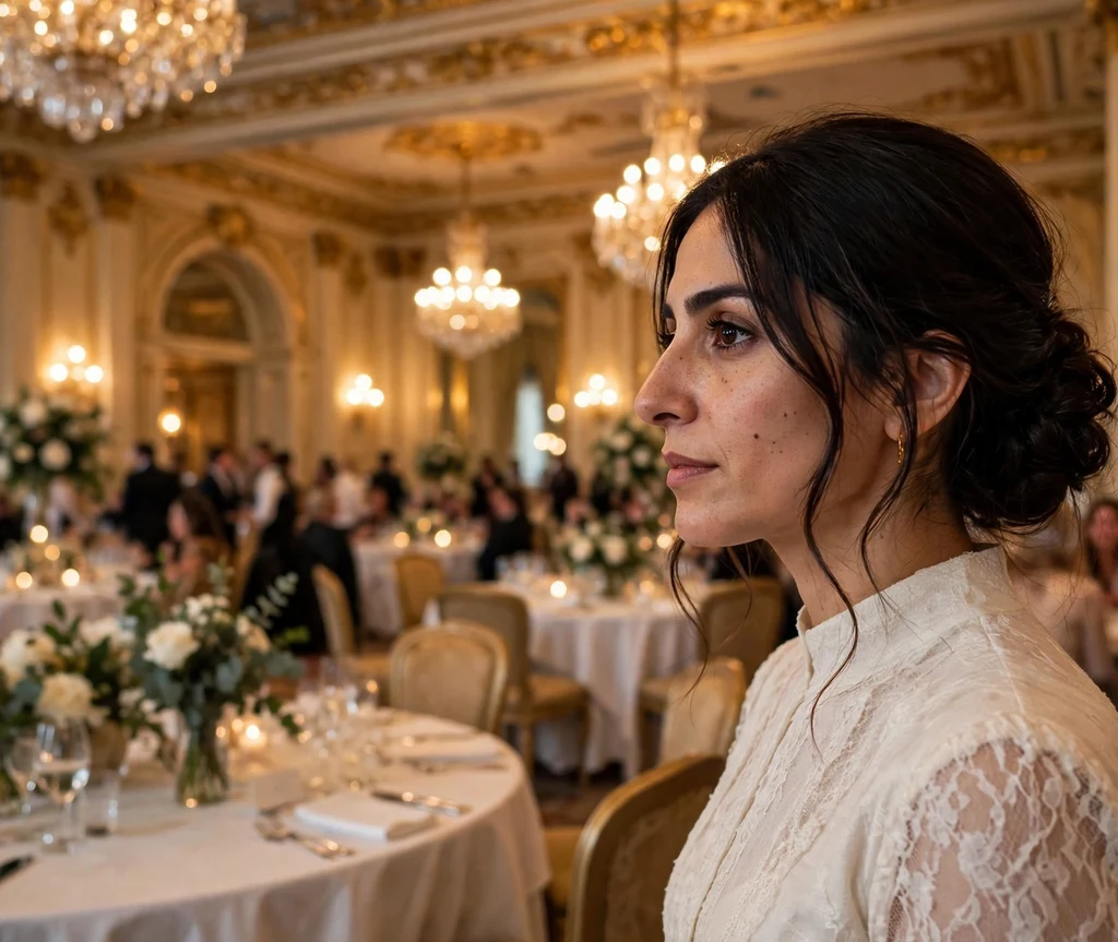 Long dark hair in a romantic low chignon updo, ivory dress, hotel ballroom