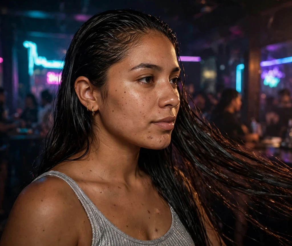 Wet-look slicked-back very long dark hair with glossy finish, silver top, nightclub