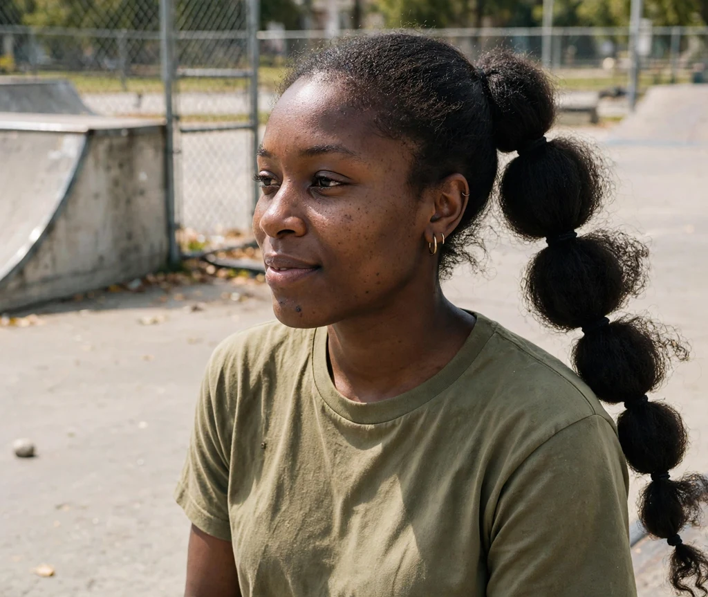 Long bubble ponytail with puffy segmented sections, graphic tee, skate park