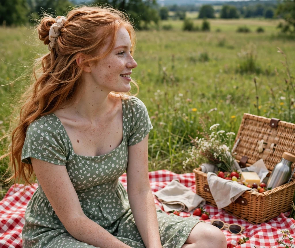 Long strawberry-blonde hair in a twisted half-up style, summer sundress, picnic in a meadow