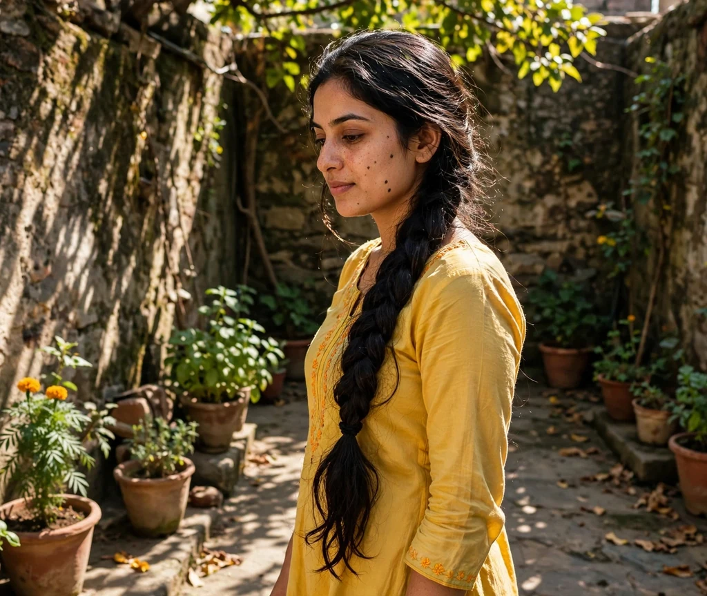 Very long dark side braid over one shoulder, yellow salwar, sunlit courtyard