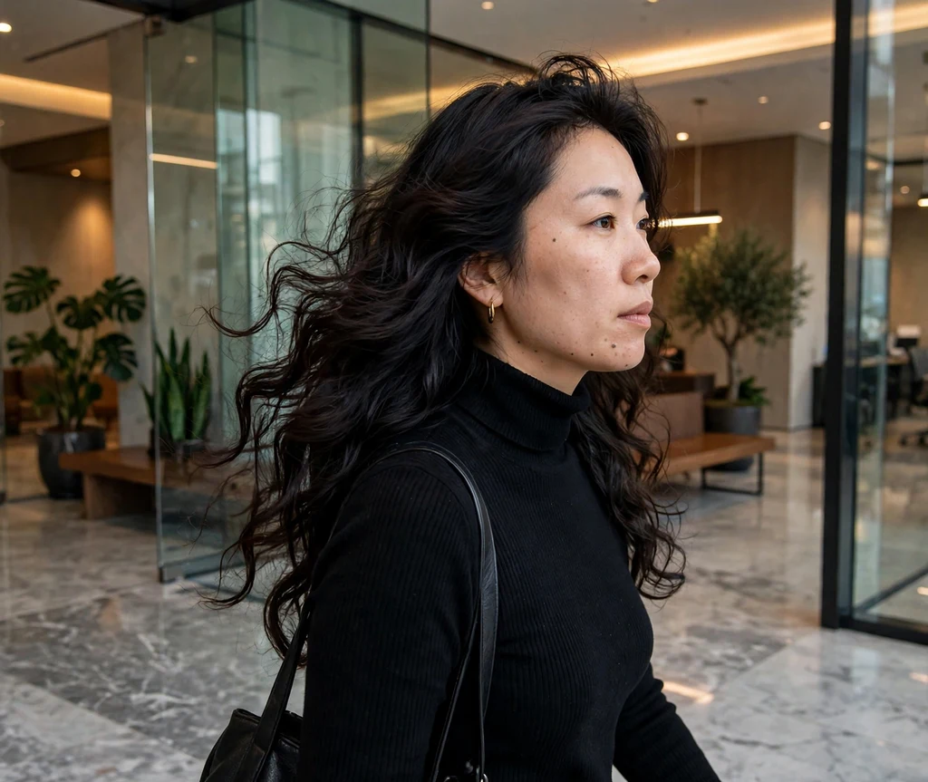 Long dark hair with voluminous bouncy blowout, black turtleneck, corporate lobby