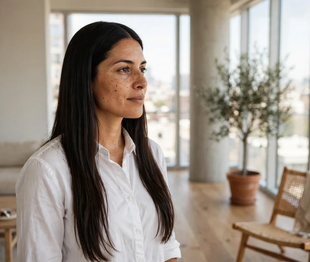 Long pin-straight dark brown hair with crisp middle part, white shirt, minimalist loft