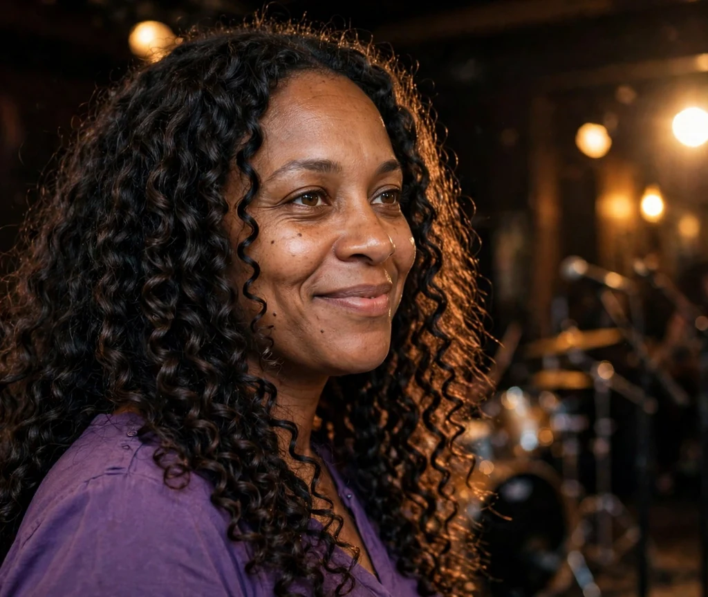 Long defined spiral curls, purple top, live music venue