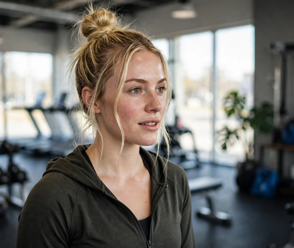Long blonde hair in a high top knot bun, athleisure outfit, bright gym