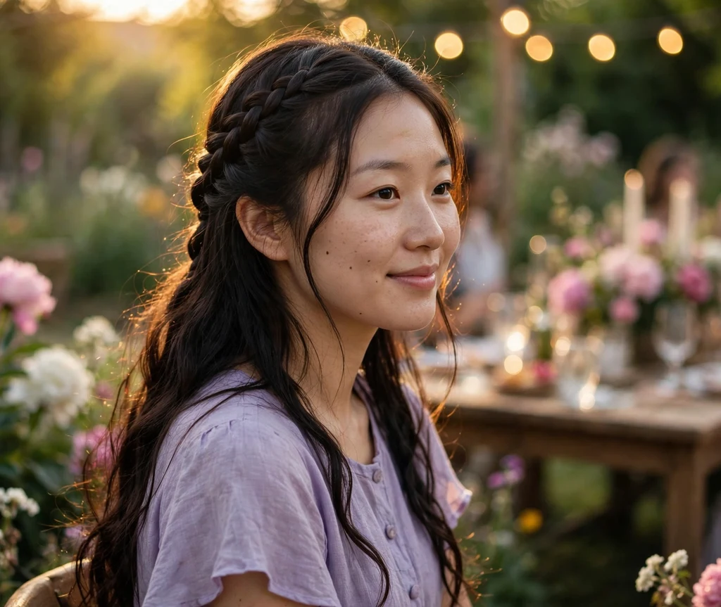 Long dark hair with a waterfall braid across the back, lavender dress, garden party