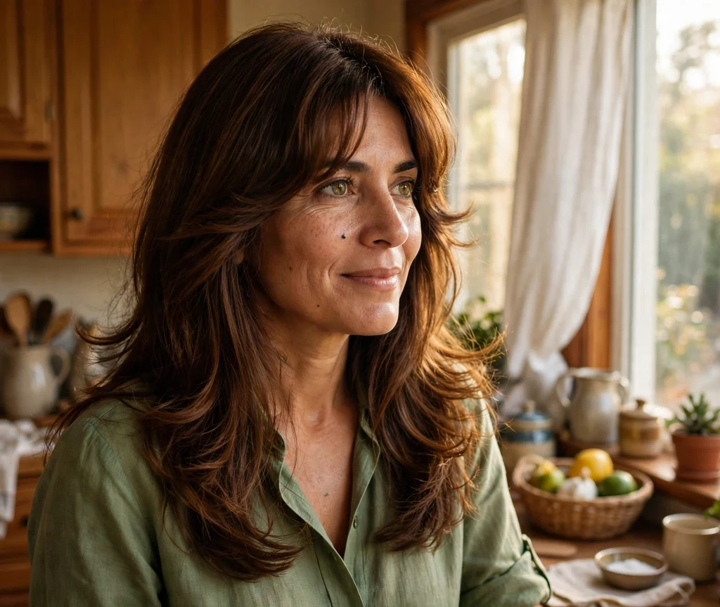 Long chestnut hair with feathered 70s layers, green blouse, home kitchen