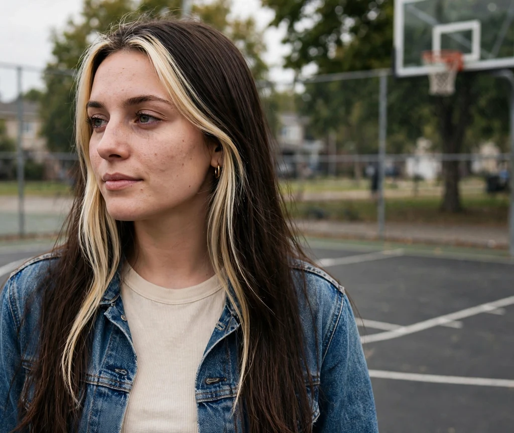 Long straight dark hair with bold blonde money-piece face-framing highlights, denim jacket, basketball court