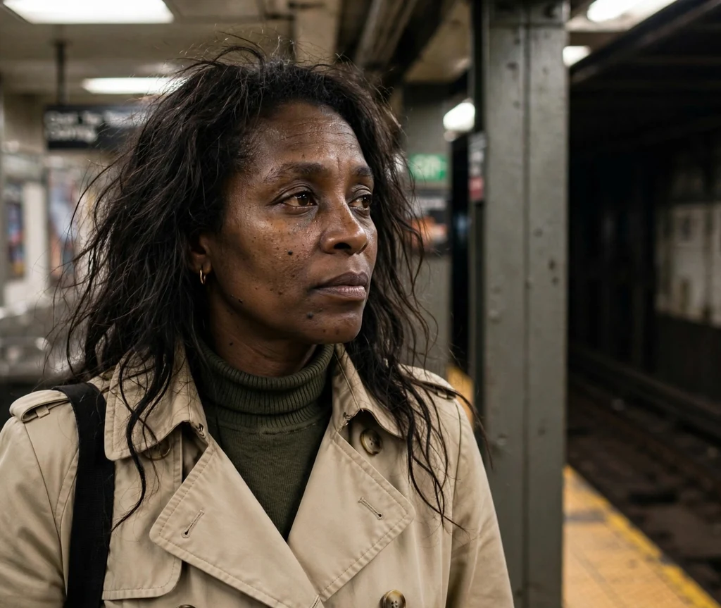 Long tousled messy waves on dark hair, beige trench coat, subway platform
