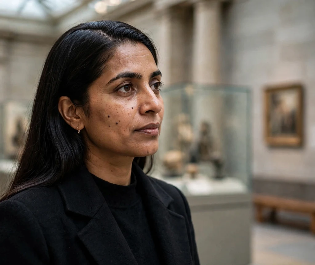 Long sleek dark hair with deep side part, elegant black coat, museum interior