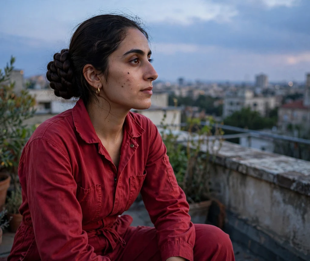 Long thick rope braid coiled into a low bun, red jumpsuit, rooftop at dusk