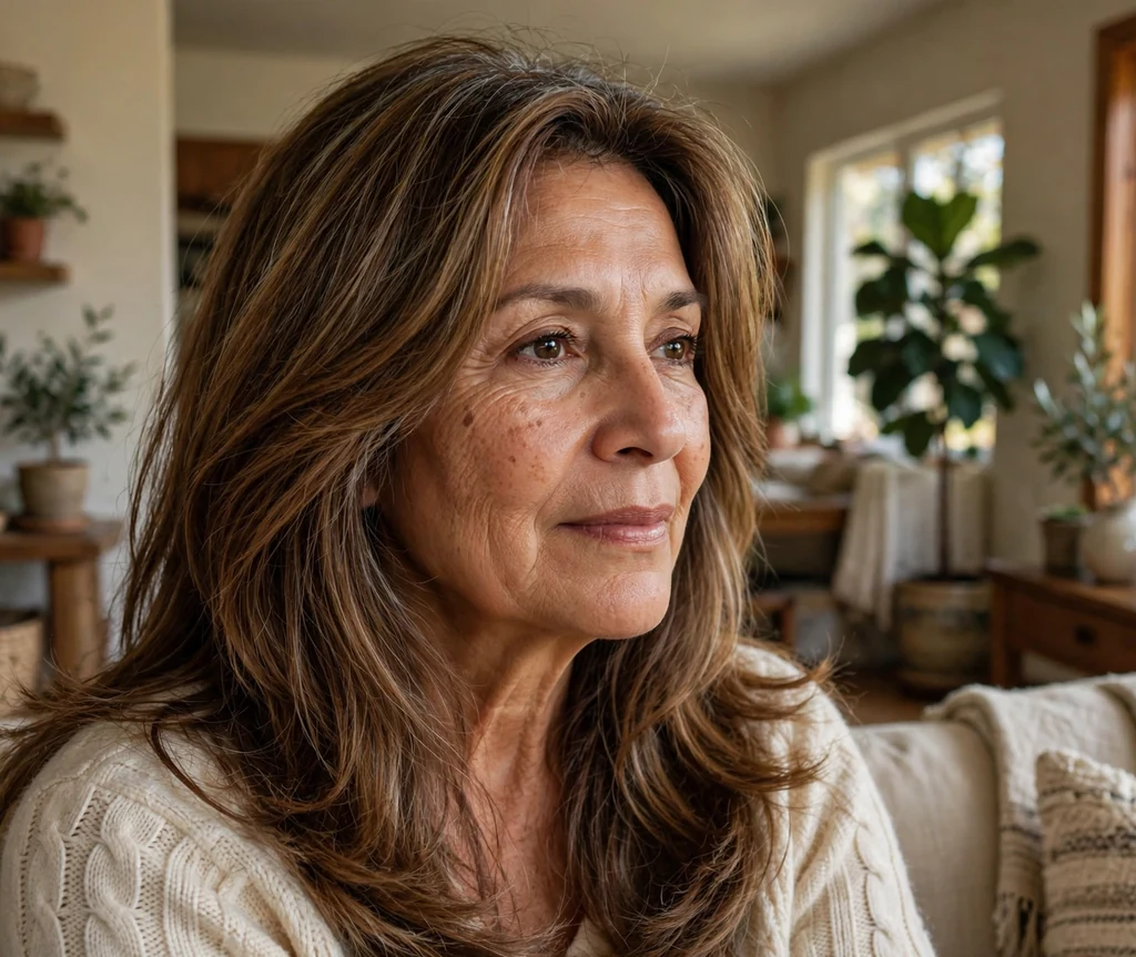 Woman in her late fifties with classic long layered hair in warm brown tones at home