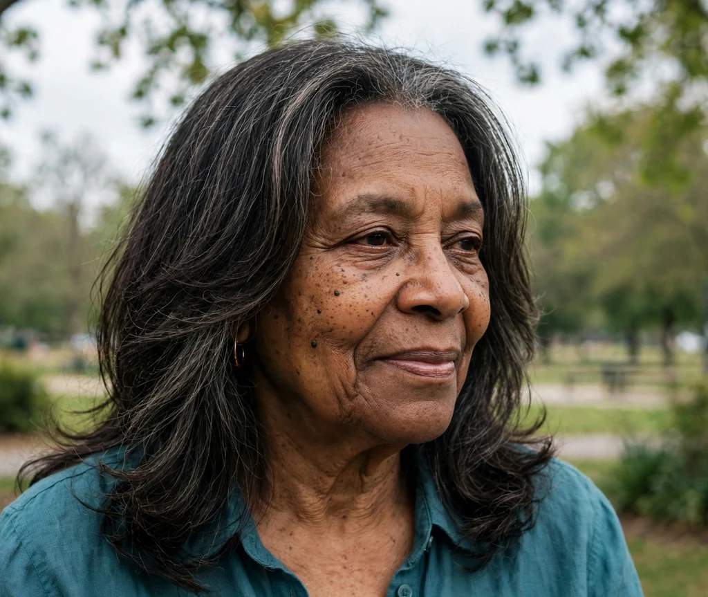 Black woman in her early sixties with long hair and soft face-framing layers in a park
