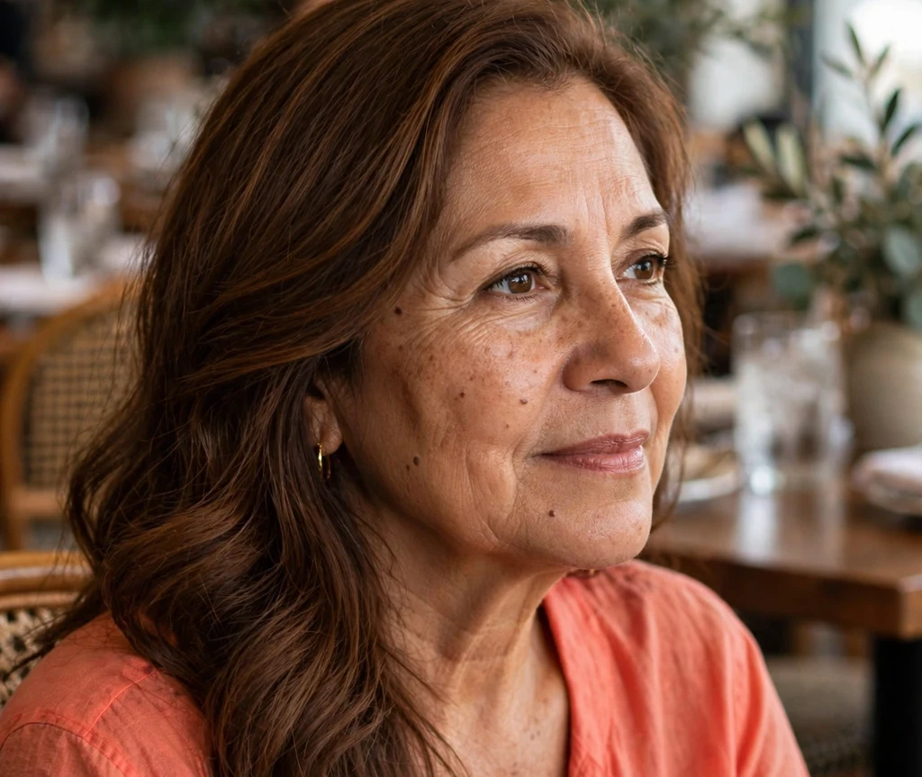 Latina woman in her mid fifties with soft long wavy hair over one shoulder at a restaurant