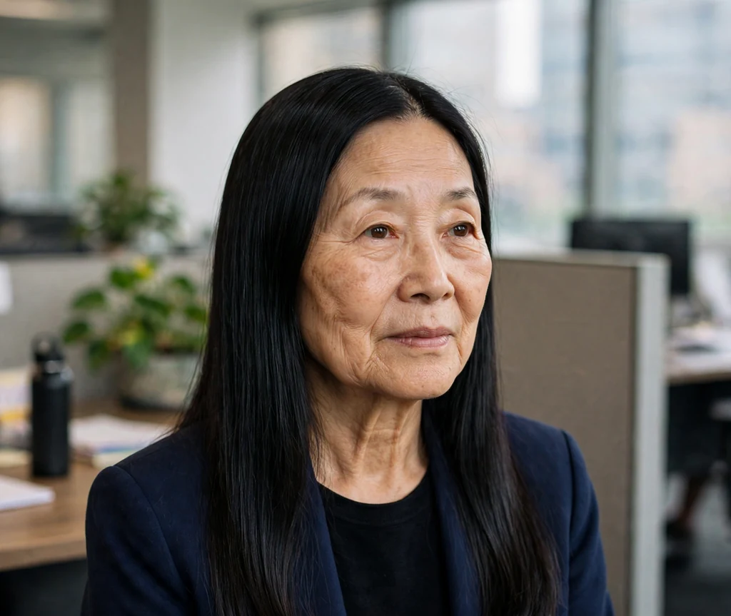 East Asian woman in her early sixties with sleek straight long black hair with shine in an office