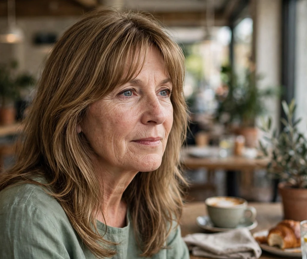 White woman in her late fifties with long layered hair and soft curtain bangs in a cafe