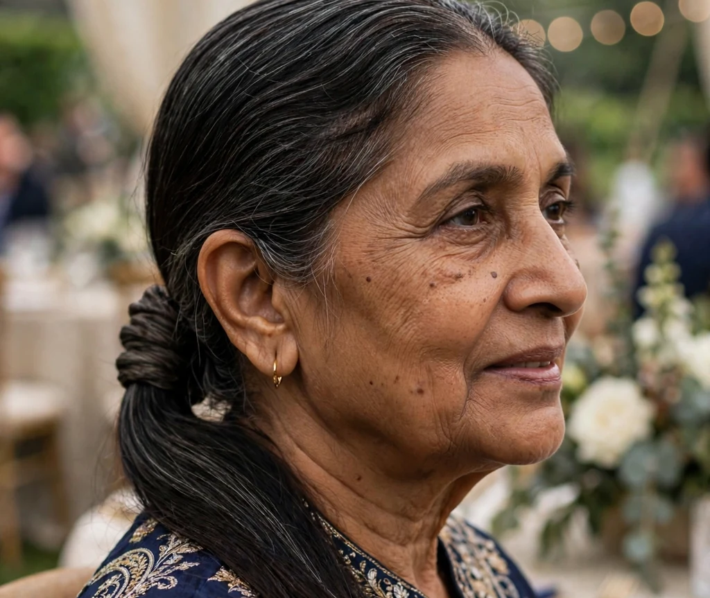 South Asian woman in her early sixties with an elegant sleek low ponytail at an event