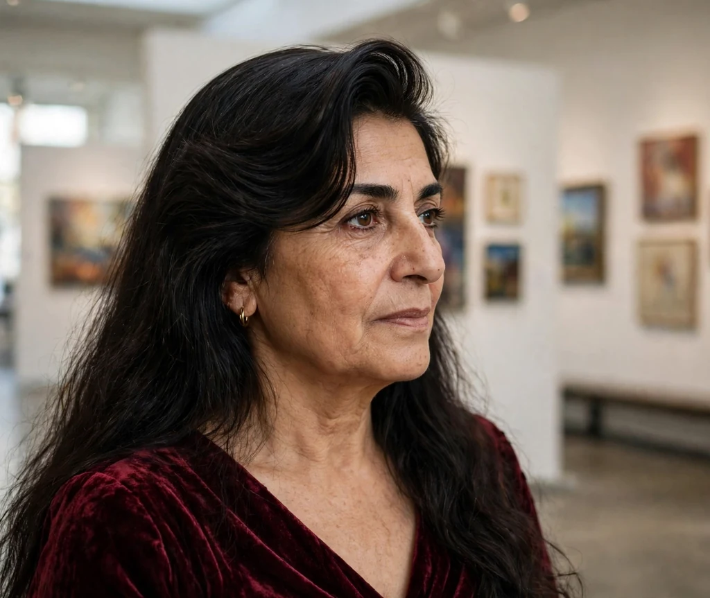 Middle Eastern woman in her late fifties with long hair and a dramatic deep side part at a gallery