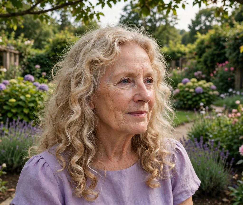 White woman in her early sixties with loose romantic curls in long blonde hair in a garden