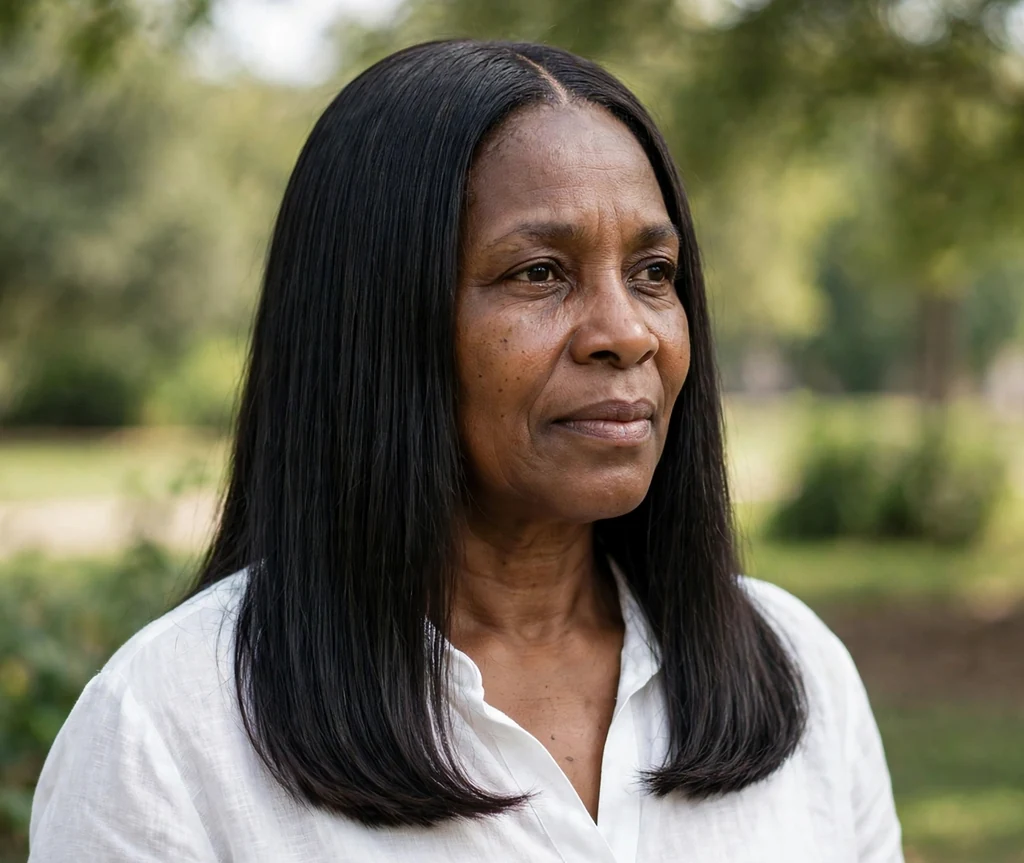 Black woman in her mid fifties with long hair with polished blunt ends and middle part outdoors