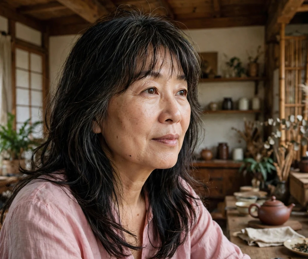 East Asian woman in her late fifties with long layered hair and light wispy bangs in a tea house