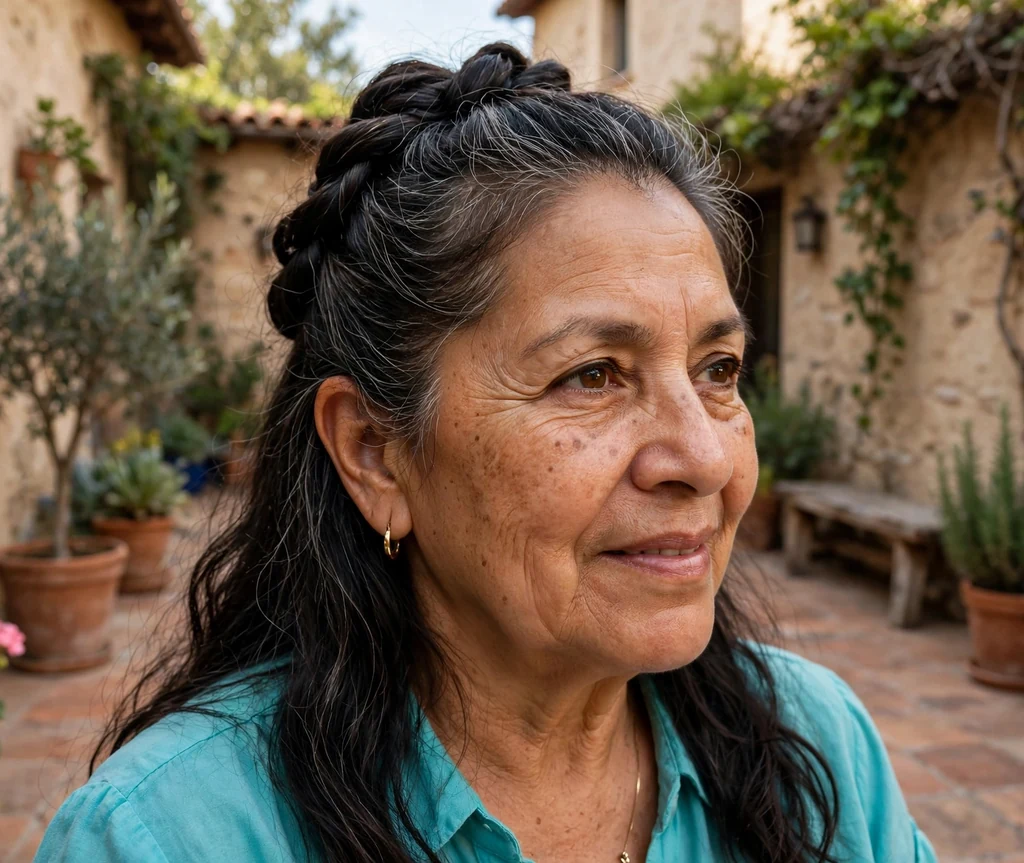 Latina woman in her early sixties with long hair in a half-up twisted crown style in a courtyard