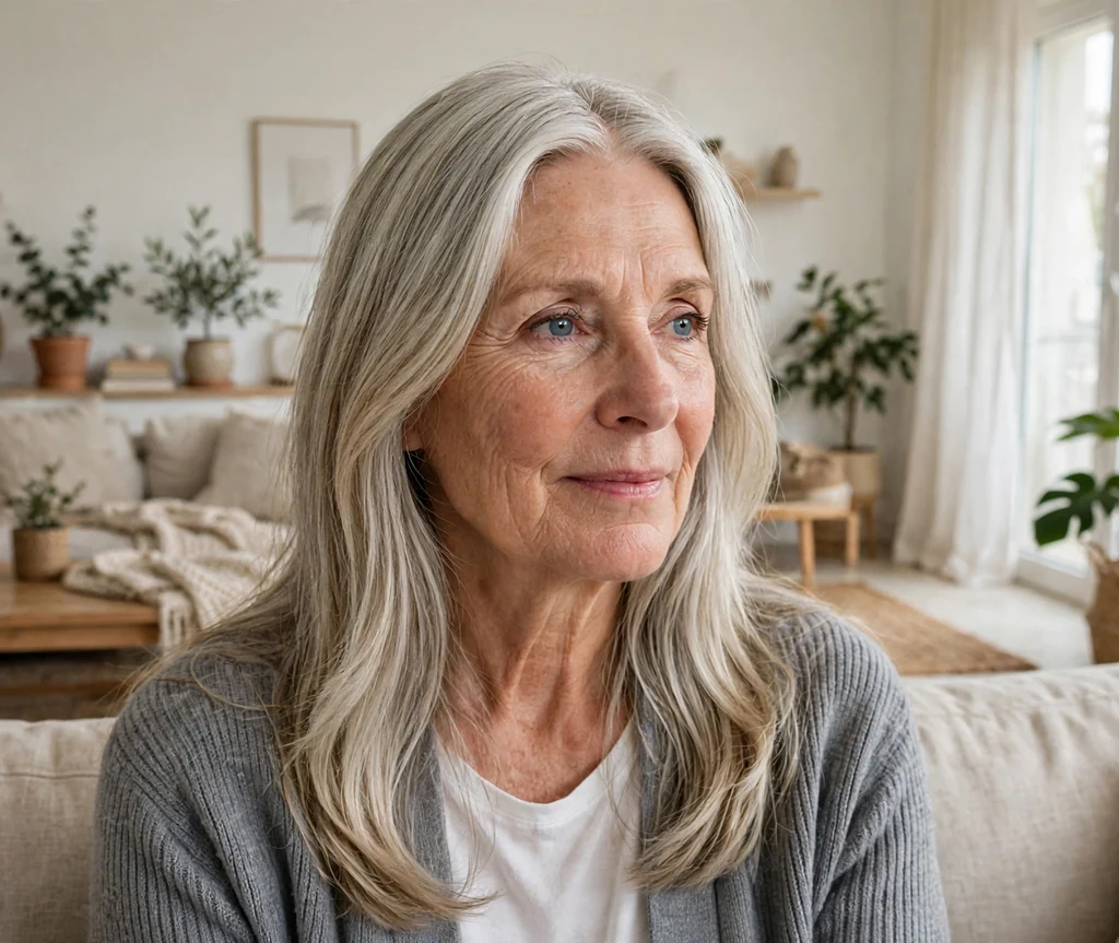 White woman in her late fifties with center-parted long layered hair in a bright living room