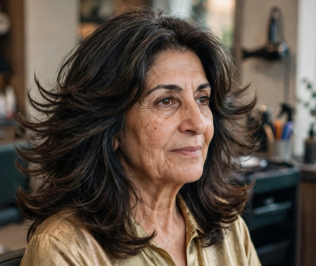 Middle Eastern woman in her early sixties with feathered long layered hair with movement in a salon